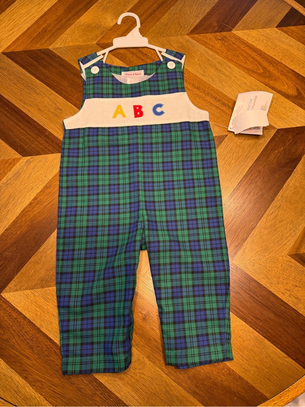 House of Hatten Vintsge Plaid ABC Knit Overalls for Kids - Green/Blue 18 mo